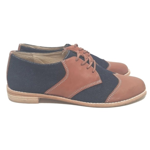 F-Troupe Womens Saddle Shoes Sz 39 Leather and Denim Brown Blue US Sz 8.5 - Picture 3 of 16